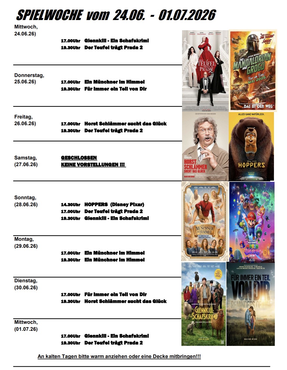 Spielwoche vom 24.06. bis 01.07.2026 - Programm Sommerkino Blinkfeuer Dierhagen